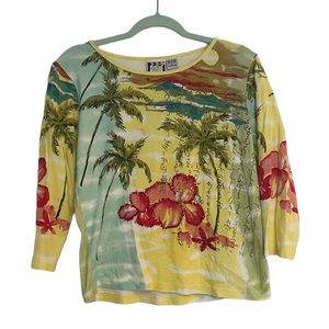 Take Two Clothing Co. Tropical Scene 3/4 sleeve cotton top Y2K VTG sequins M